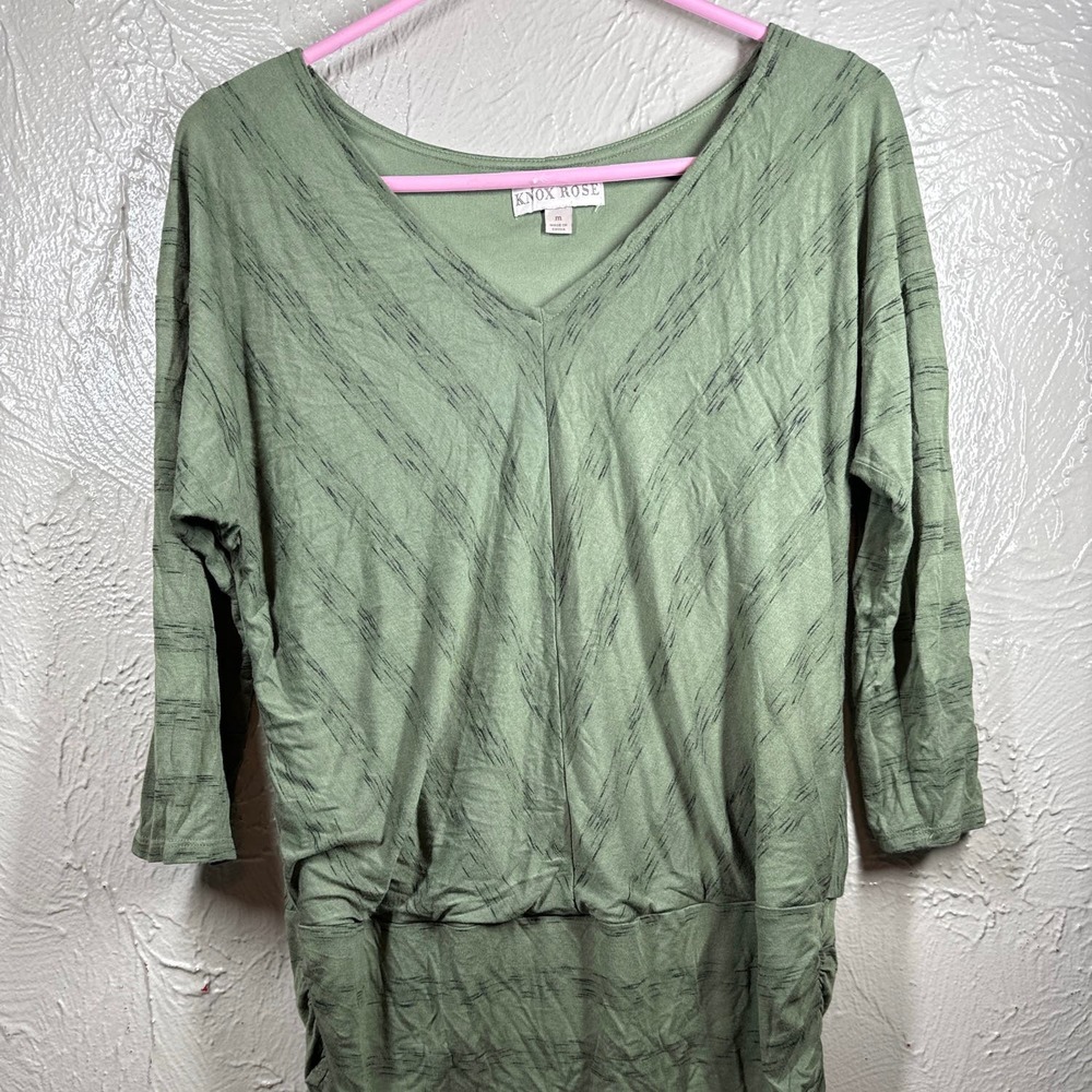 Knox Rose Olive Green Ruched Peplum Tunic Top Womens‎ Deep V-Neck Size Medium